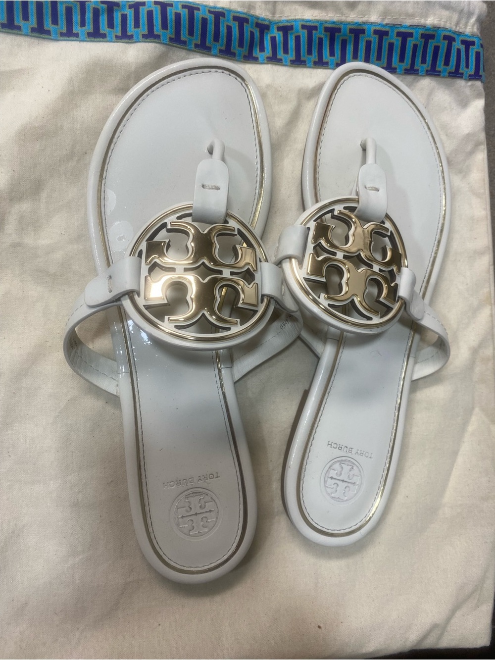 Tory Burch White Patent Leather Sandal with Gold Logo